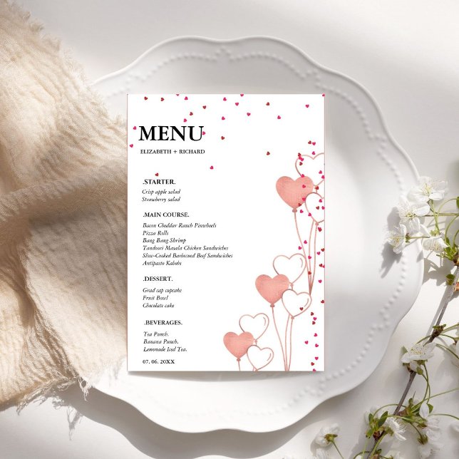Valentine Heart wedding Brautparty Menu Karte (Von Creator hochgeladen)