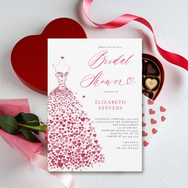 Valentine Hearts Dress Elegantes schicke Brautpart Einladung (valentine bridal shower invitations whimsical hearts watercolor elegant dress modern minimalist chic)