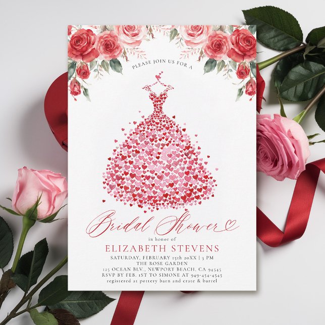 Valentine Hearts Dress Rote Rosen Brautparty Einladung (valentine bridal shower invitations whimsical hearts watercolor elegant dress red roses elegant)