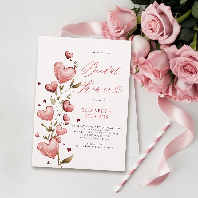 Valentine Hearts Liebe Garten Rosa Brautparty Einladung (valentine bridal shower invitations whimsical hearts watercolor elegant love garden party pink)