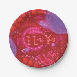 Valentine Hearts Pink Red I Liebe You Typografie Pappteller