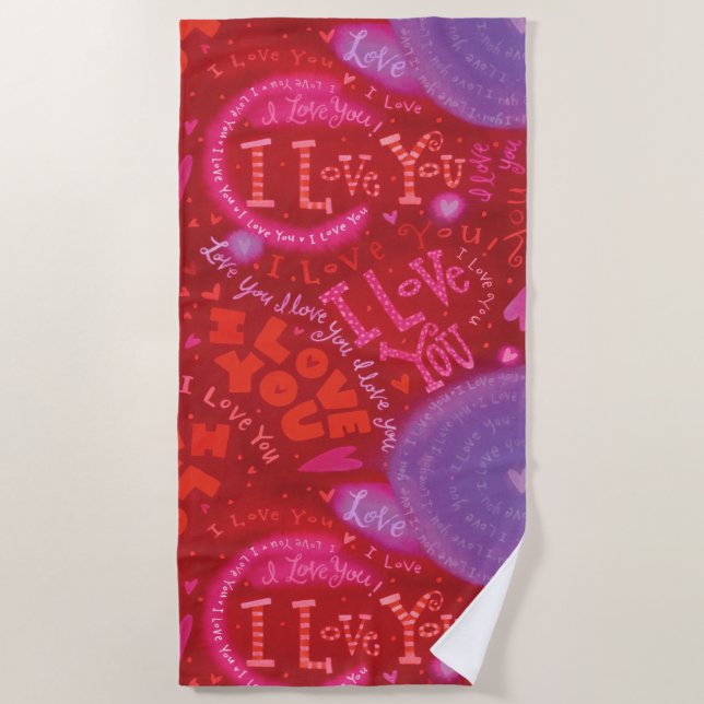 Valentine Hearts Pink Red I Liebe You Typografie Strandtuch (Vorderseite)