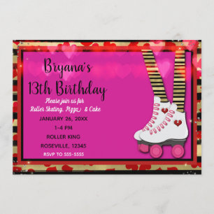 Valentine Hearts Rollschuh Geburtstagsfeier Einladung