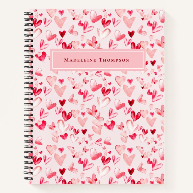 Valentine Hearts Whimsical Watercolor Pink Red  Notizbuch (Vorderseite)