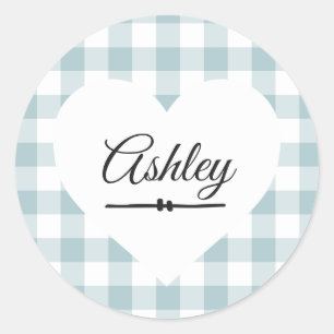 Valentine Herz Blau Gingham Muster Name Monogramm Runder Aufkleber