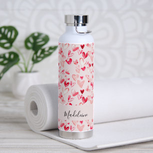 Valentine-Herzen Whimsical Watercolor Rosa Rot Trinkflasche