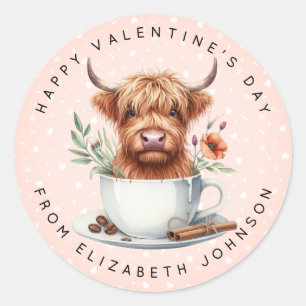Valentine Highland Cow Personalisiert Name Round C Runder Aufkleber