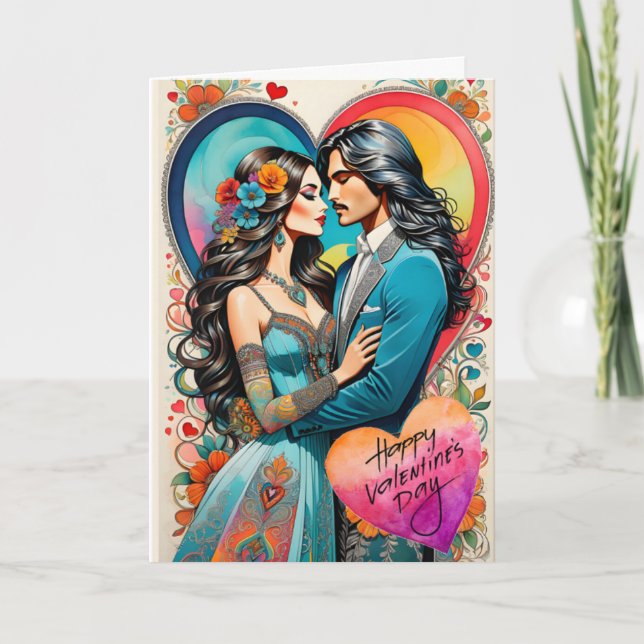 Valentine Hippie Couple in Embrace Ankündigung (Vorderseite)