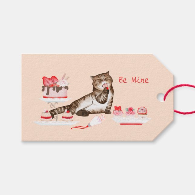 Valentine Katze mit Süßigkeiten und Bäckerei Rosa  Geschenkanhänger (Vorderseite (Horizontal))