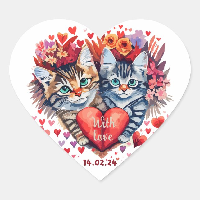 Valentine Katzen mit Herz Herz-Aufkleber (Vorderseite)