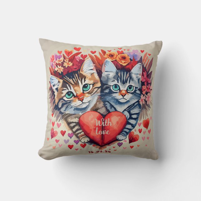 Valentine Katzen mit Herz Kissen (Vorderseite)