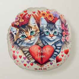 Valentine Katzen mit Herz Rundes Kissen