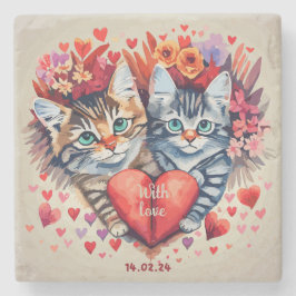 Valentine Katzen mit Herz Steinuntersetzer