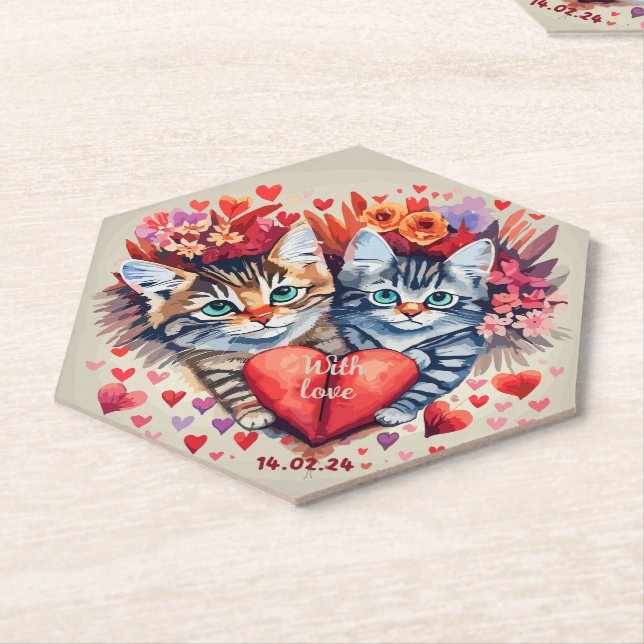 Valentine Katzen mit Herz Untersetzer (angewinkelt)