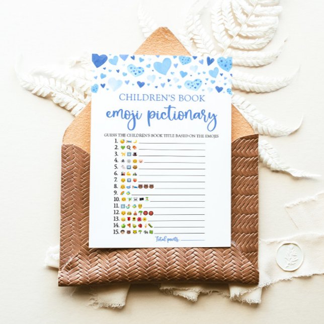 Valentine Kinderbuch Emoji Pictionary Game Einladung (Watercolor Blue Hearts Valentine Sweetheart Boy Children's Book Emoji Pictionary Baby Shower Game)