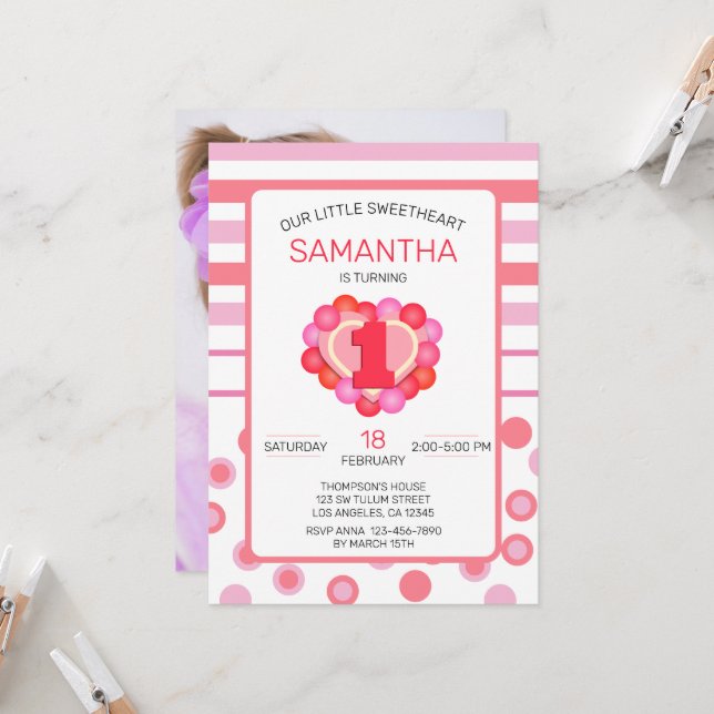 Valentine Kindergeburtstag mit Foto-Vorlage Einladung (Vorderseite/Rückseite Beispiel)