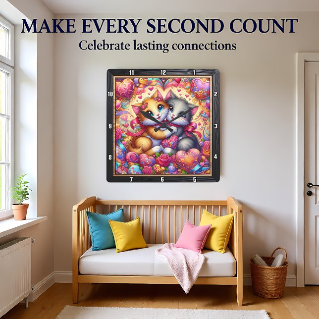 Valentine Kitten Hug Heart Wall Quadratische Wanduhr (Von Creator hochgeladen)