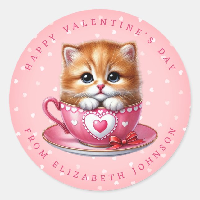 Valentine Kitten Personalisierter Name Round Stick Runder Aufkleber (Vorderseite)