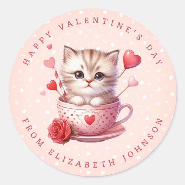 Valentine Kitten Personalisierter Name Round Stick Runder Aufkleber (Vorderseite)