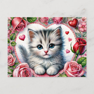 Valentine Kitten with Red Roses Postkarte