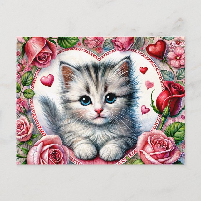 Valentine Kitten with Red Roses Postkarte (Vorderseite)