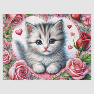 Valentine Kitten With Roses Tissue Paper Seidenpapier