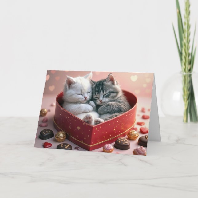 Valentine Kittens in einer Schachtel mit Herz-Cand Karte (Vorderseite)