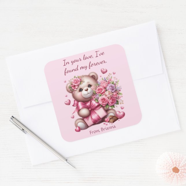 Valentine Liebe Rose Bear Quadratischer Aufkleber (Umschlag)