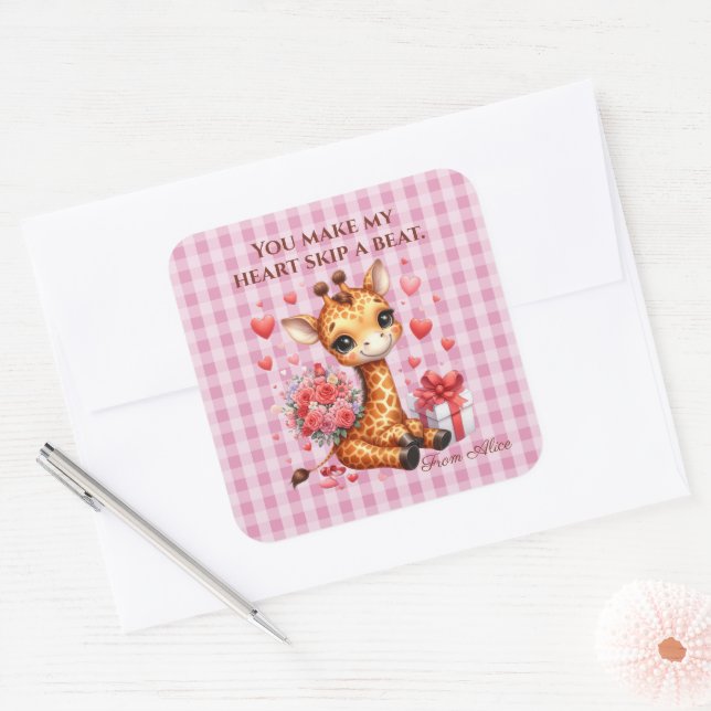 Valentine Liebe Rose Bouquet Giraffe Quadratischer Aufkleber (Umschlag)