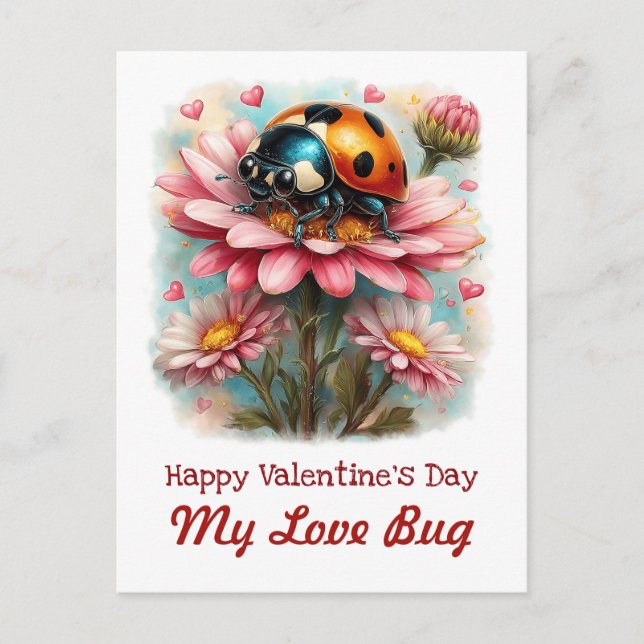  Valentine Love Bug on Blossoms Rose Postkarte (Vorderseite)