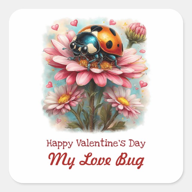  Valentine Love Bug on Blossoms Rose Quadratischer Aufkleber (Vorderseite)