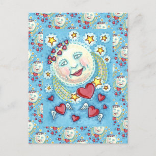 VALENTINE MAN IN THE MOON, HIMMLISCH STERNE & HERZ FEIERTAGSPOSTKARTE