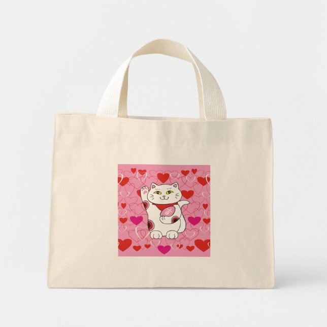 Valentine Maneki Neko Lucky Cat Mini Stoffbeutel (Vorne)