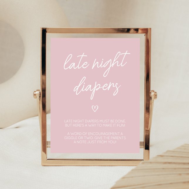 Valentine Minimalistisch Heart Late Night Diapers Poster (Pink A Little Sweetheart Baby Shower Late Night Diapers Sign)