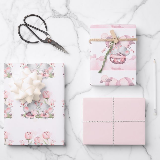 Valentine Niedlich Baby Elephants Geschenkpapier Set (Vorderseite)