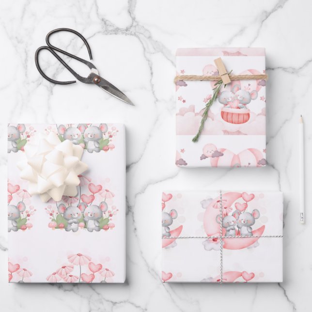 Valentine Niedlich Baby Mice Geschenkpapier Set (Vorderseite)
