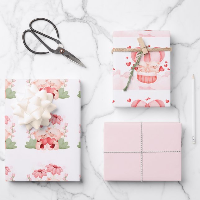 Valentine Niedlich Baby Piglets Geschenkpapier Set (Vorderseite)