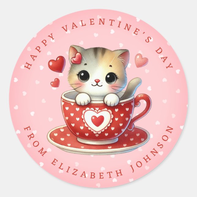 Valentine Niedlich Kitten Personalisierter Name Ru Runder Aufkleber (Vorderseite)