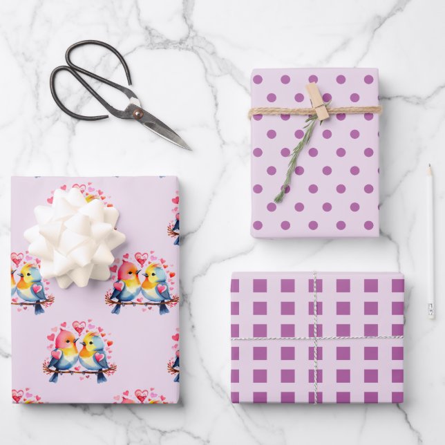 Valentine niedliche Vögel dotieren quadratisches M Geschenkpapier Set (Vorderseite)