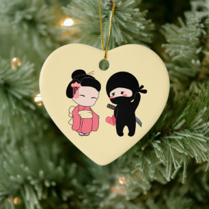 Valentine Ninja und Geisha auf Gelb Keramik Ornament