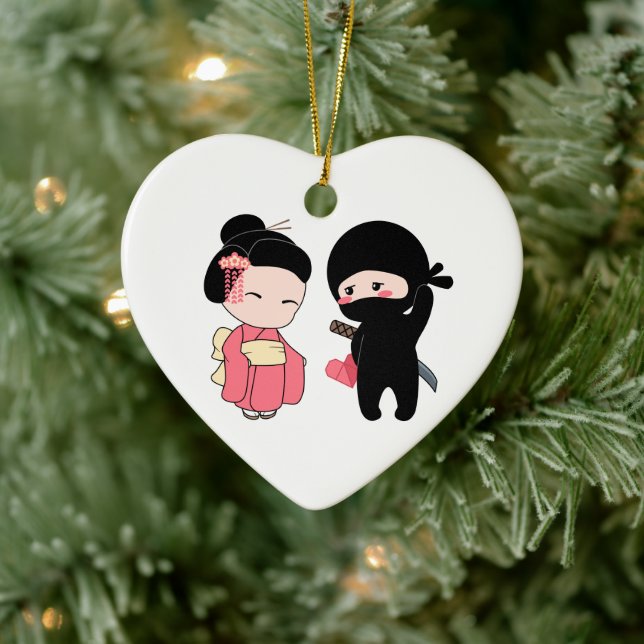 Valentine Ninja und Geisha Keramik Ornament (Baum)