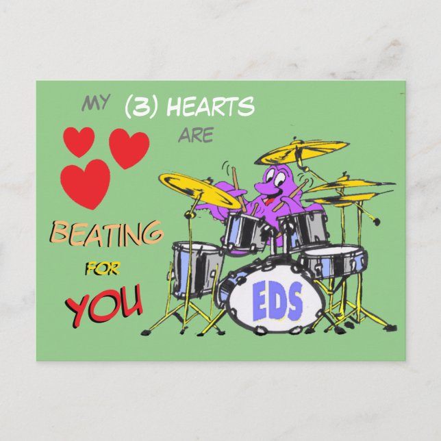 Valentine Octopus Cartoon 3 Herz Kust. Postkarte (Vorderseite)