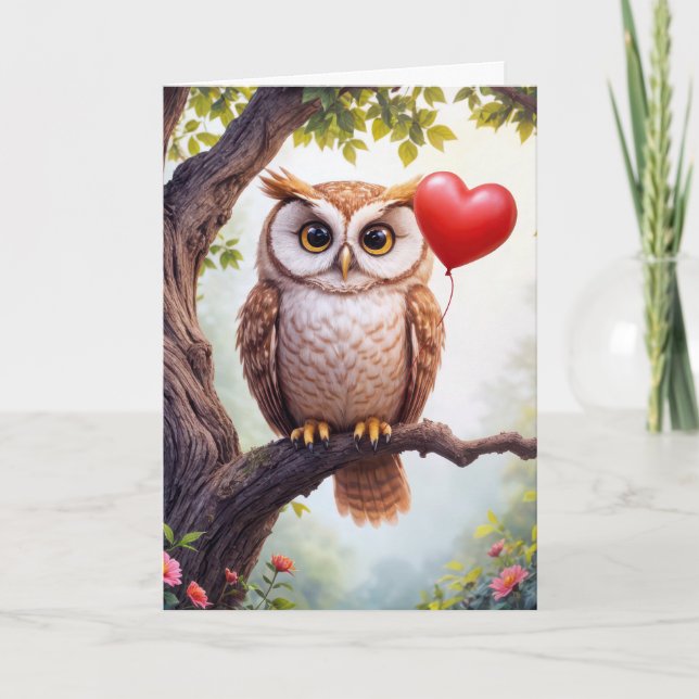 Valentine Owl mit Herzballon Karte (Vorderseite)