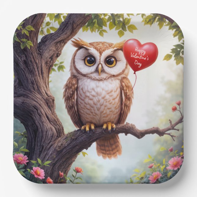 Valentine Owl mit Rotem Herzballon Pappteller (Vorderseite)
