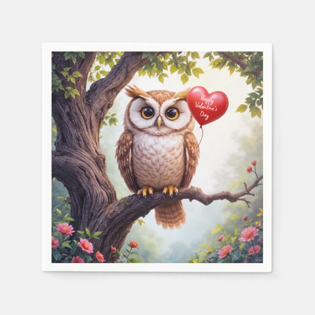 Valentine Owl mit Rotem Herzballon Serviette (Vorderseite)