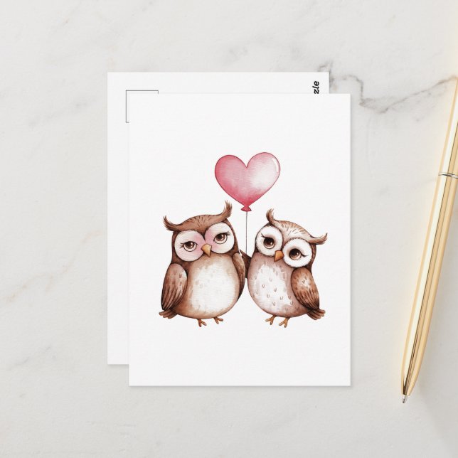 Valentine Owls und Heart Balloon Postkarte (Vorderseite/Rückseite Beispiel)