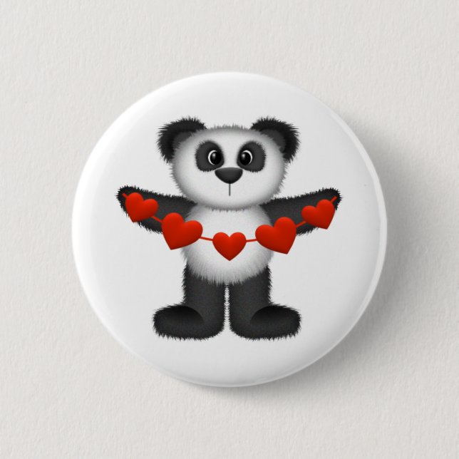 Valentine Panda Bear Holding String of Red Hearts Button (Vorderseite)