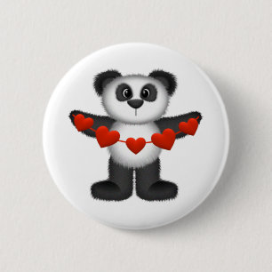 Valentine Panda Bear Holding String of Red Hearts Button