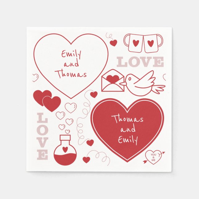 Valentine Pattern Paper Napkin - Rot auf Weiß Serviette (Vorderseite)