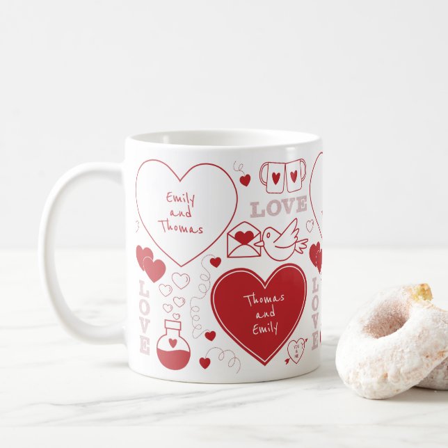 Valentine Pattern Tasse - Rot auf Weiß (Mit Donut)
